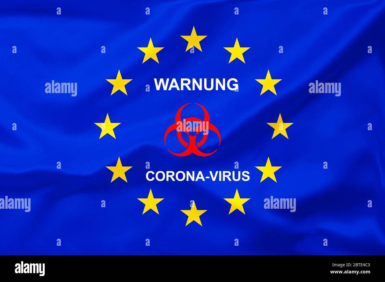 Bandiera UE con avvertimento di impronta, rischio biologico, coronavirus, Europa Foto Stock