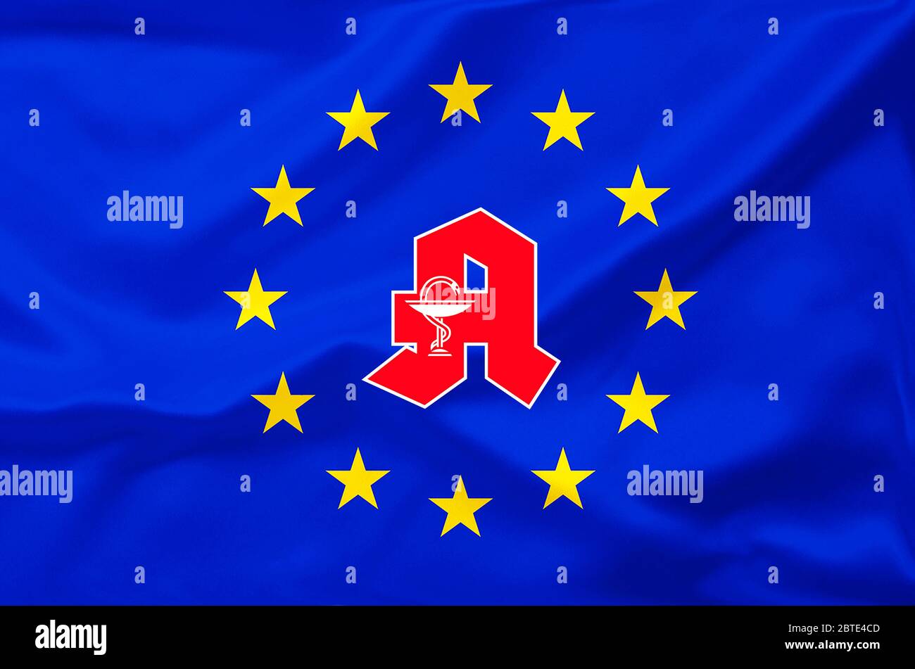 Bandiera UE con l'impronta del logo della farmacia, Europa Foto Stock Bandiera UE con l'impronta del logo della farmacia, Europa Foto Stock