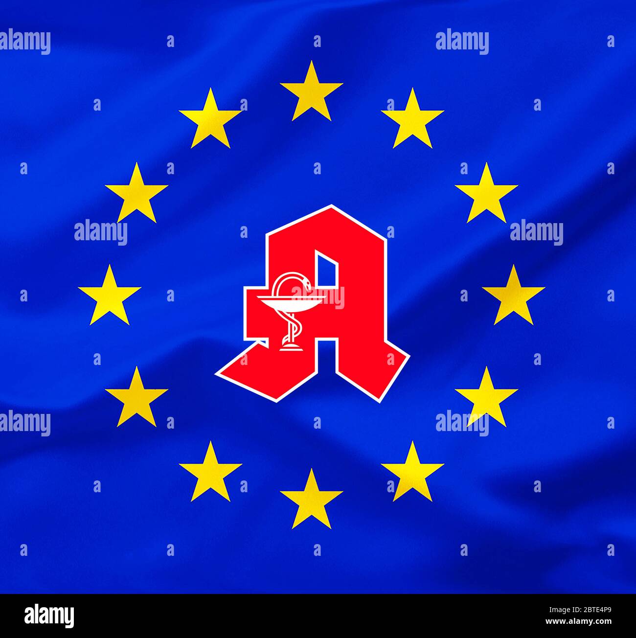 Bandiera UE con l'impronta del logo della farmacia, Europa Foto Stock Bandiera UE con l'impronta del logo della farmacia, Europa Foto Stock