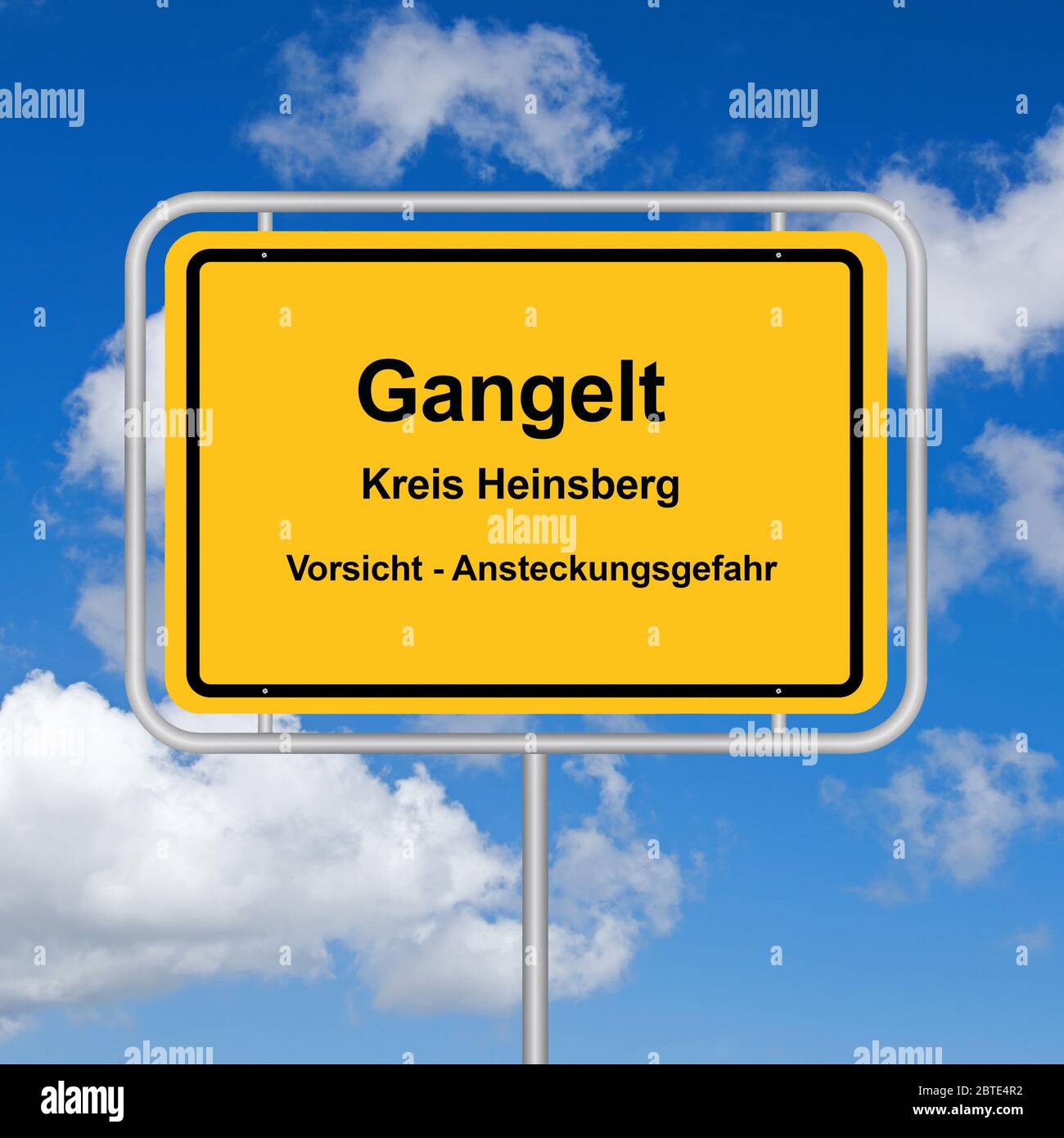 Segno della città di Gangelt, distretto Heinsberg, centro di Corona, pericolo di infezione, Germania Foto Stock