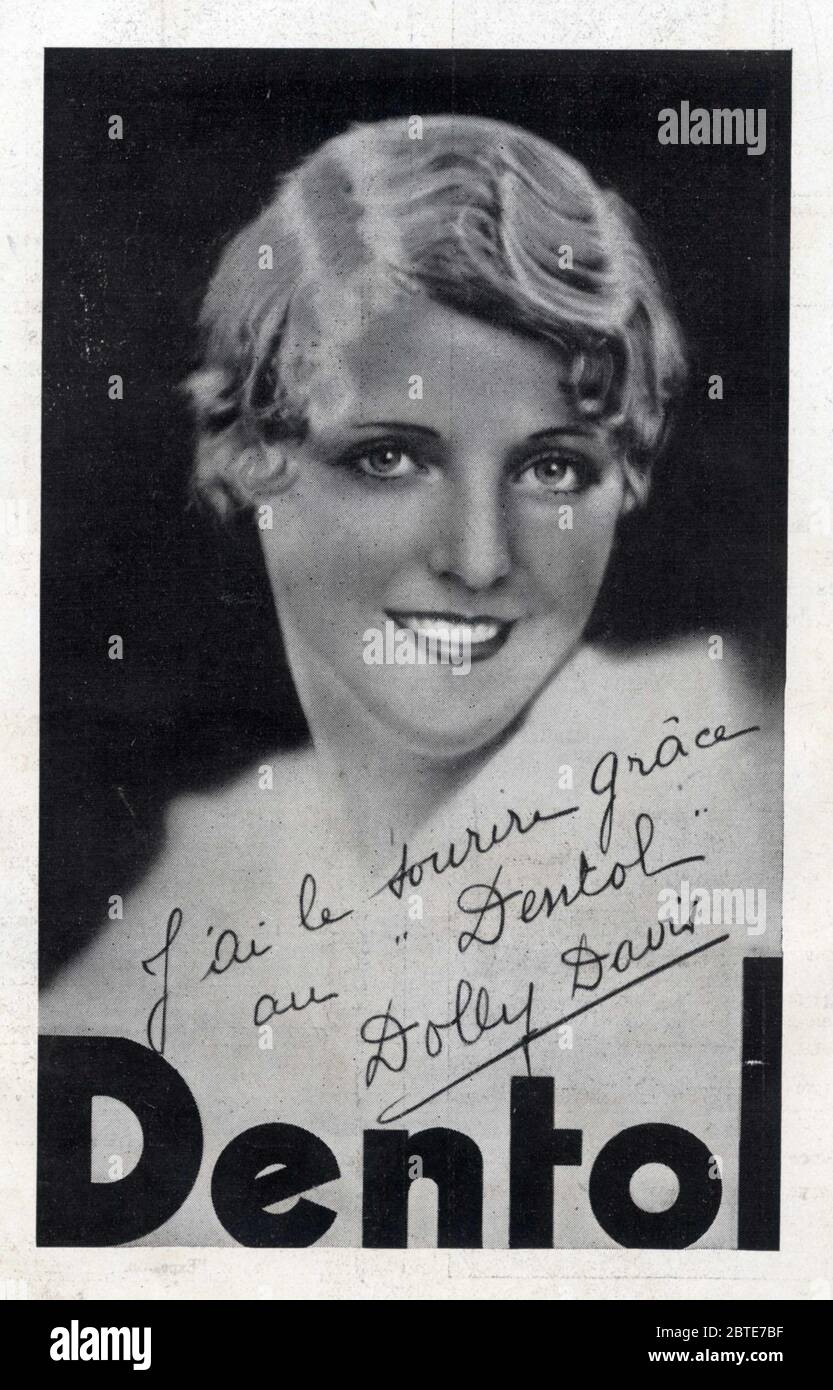 Publicité ancienne. Dentol. 1936. J'ai le sourire grâce au Dentol. Dolly Davis Foto Stock