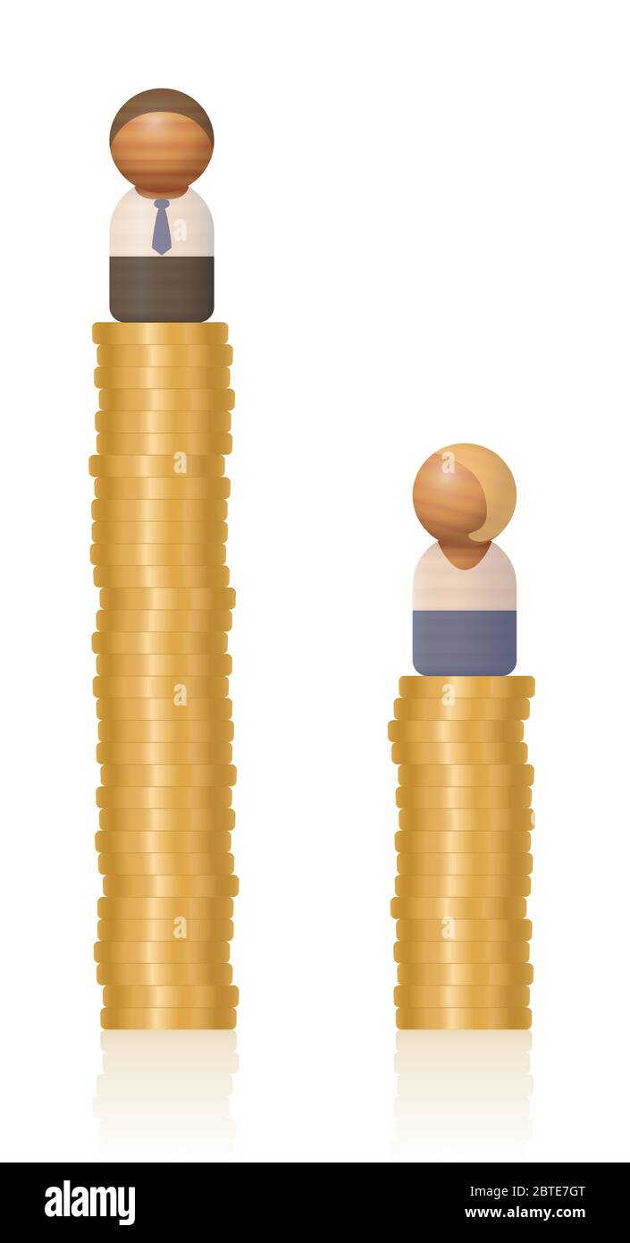 Disparità di reddito, confronto tra uomini ricchi e donne povere in piedi su torre di alto e basso denaro. Simbolo per diversi guadagni, pagamenti sleali. Foto Stock