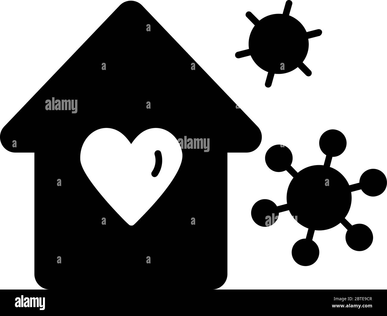 Cuore con forma domestica e virus all'esterno. Progettato come un logo o icona nera preparato per coronovirus covid-19 icone notevoli mostra messaggi rimanere Illustrazione Vettoriale