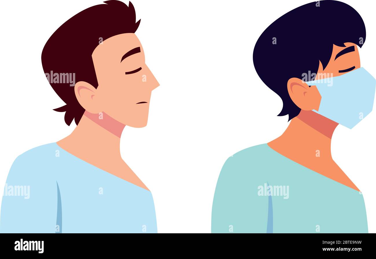 Uomini che si sentono malati e con la maschera di cura medica e covid 19 virus tema illustrazione vettoriale Illustrazione Vettoriale