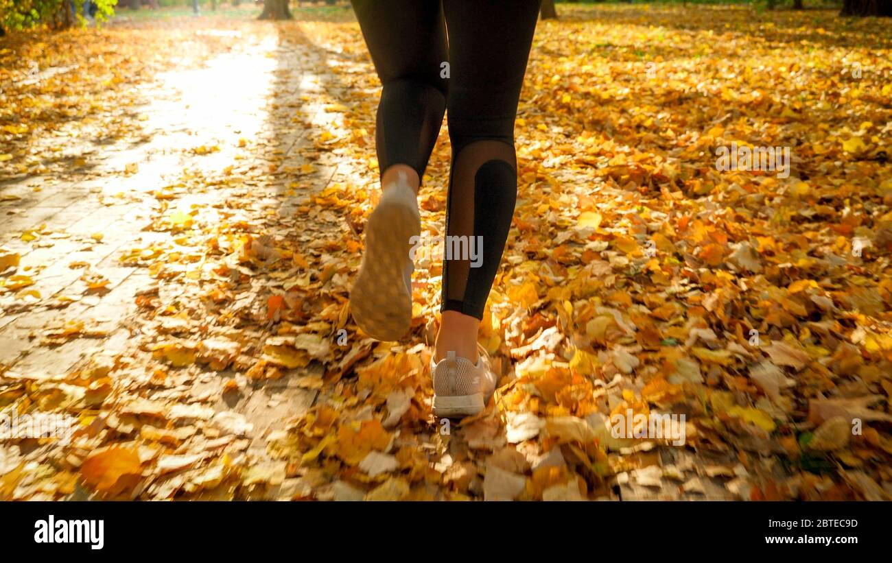 Immagine closeup dei piedi femminili in sneakers che corrono su un percorso coperto da foglie gialle e rosse cadute al parco autunnale Foto Stock