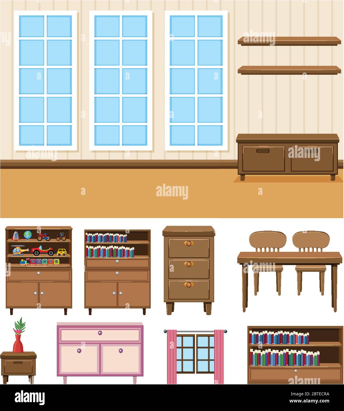 Sfondo di stanza vuota con set di mobili su sfondo bianco illustrazione Illustrazione Vettoriale