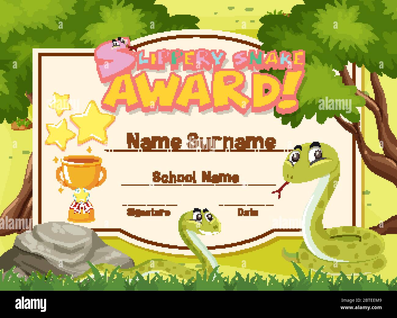 Certificato modello disegno scivoloso serpente premio con due serpenti in illustrazione giardino Illustrazione Vettoriale