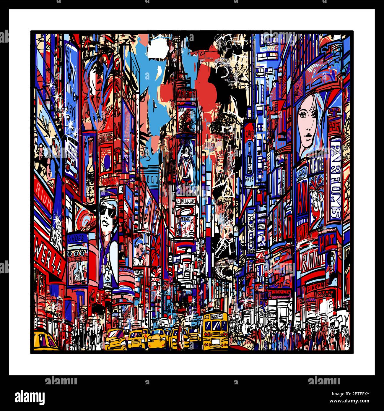Rappresentazione colorata di Times Square a New york City - illustrazione vettoriale (ideale per la stampa su tessuto o carta, poster o carta da parati, deco della casa Illustrazione Vettoriale
