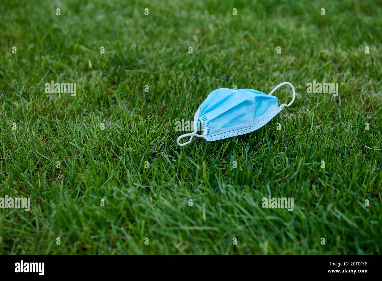 La maschera blu si trova sull'erba verde. Foto del concetto di inquinamento ambientale. Problemi pandemici di coronavirus. Fine della malattia. Spazio libero per il testo. Foto Stock