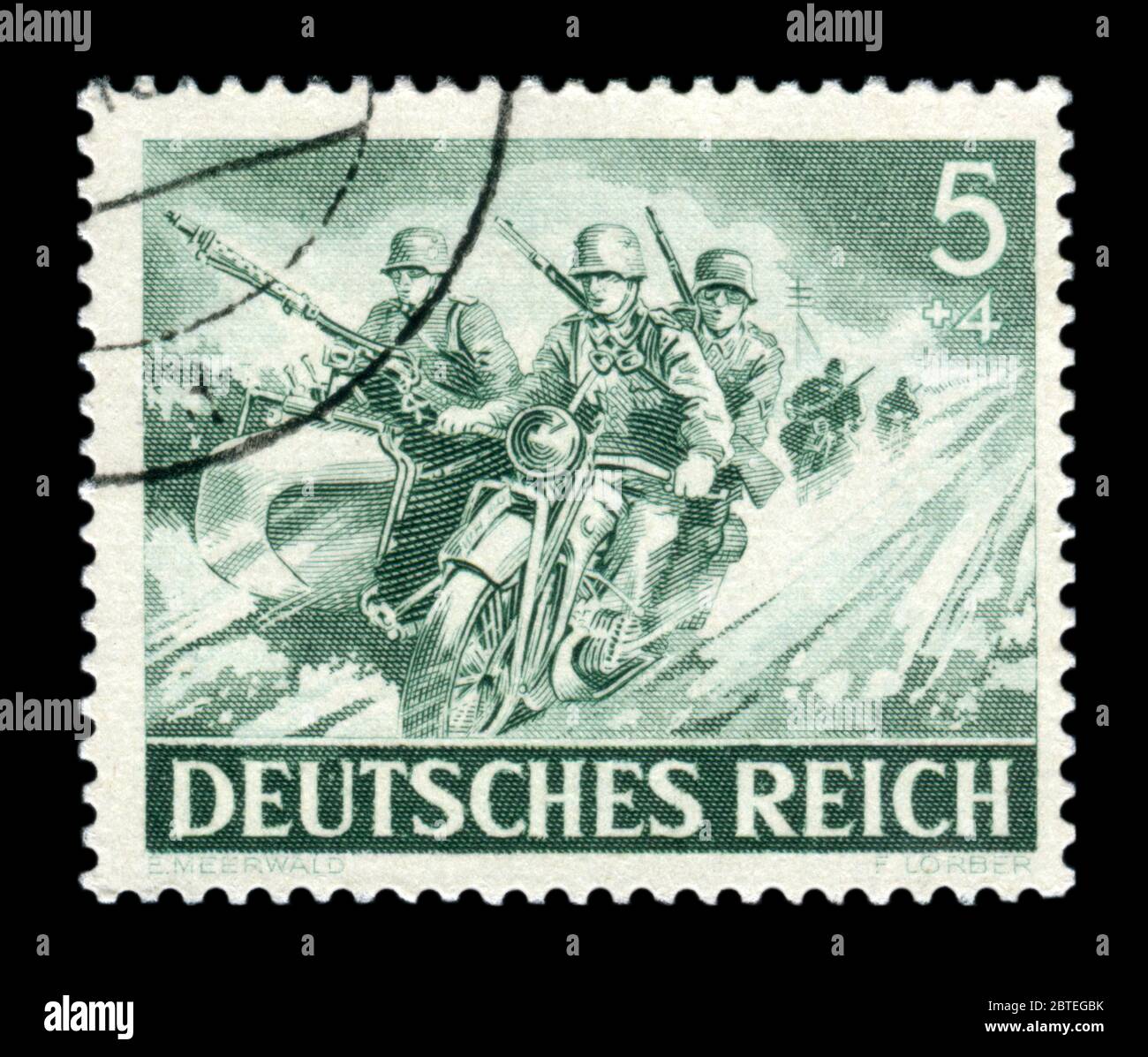 German Historical timbro: motociclo militare unità della Wehrmacht. Moto con sidecar con mg-34 mitragliatrice, Fronte Orientale, memorial day 1943 Foto Stock