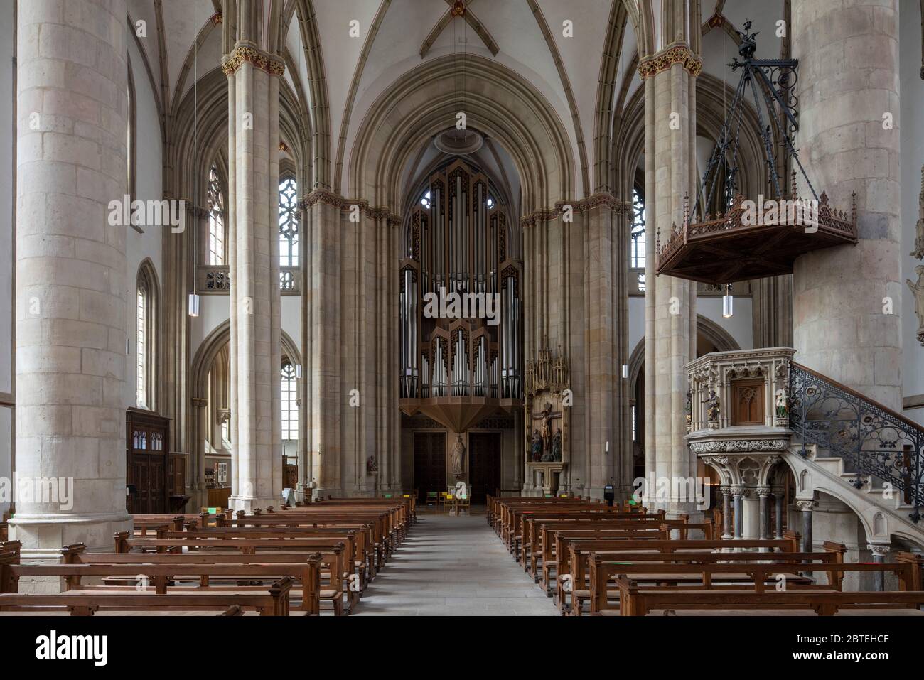 Münster, St. Lamberti, Blick nach Westen mit Kanzel und Orgelempore Foto Stock