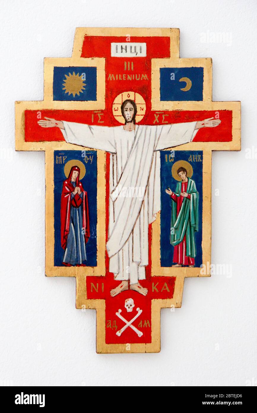 Croce bizantina icona di Gesù Cristo risorto con sua Madre Maria e San