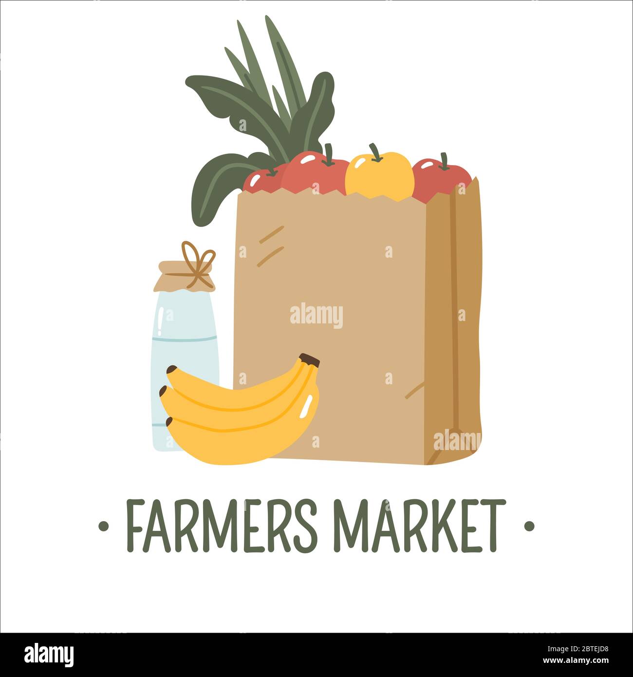 Borsa di carta ecologica con acquisti di verdure fresche, frutta, insalata, latte. Illustrazione Vettoriale