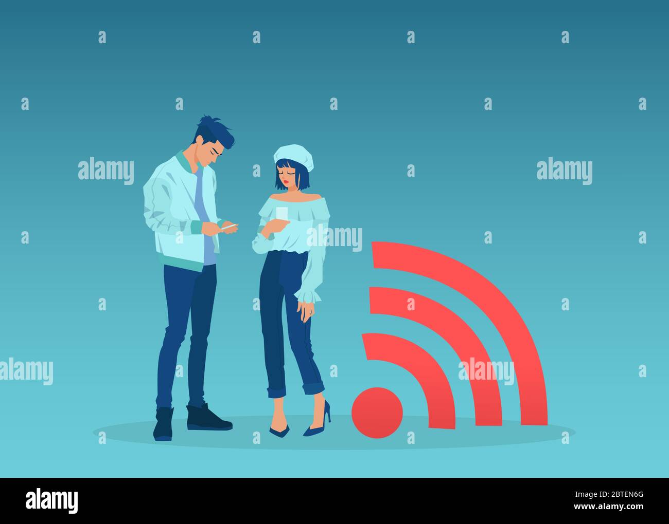 Vettore di un giovane uomo e una donna che usa smartphone in piedi accanto al simbolo rss Illustrazione Vettoriale