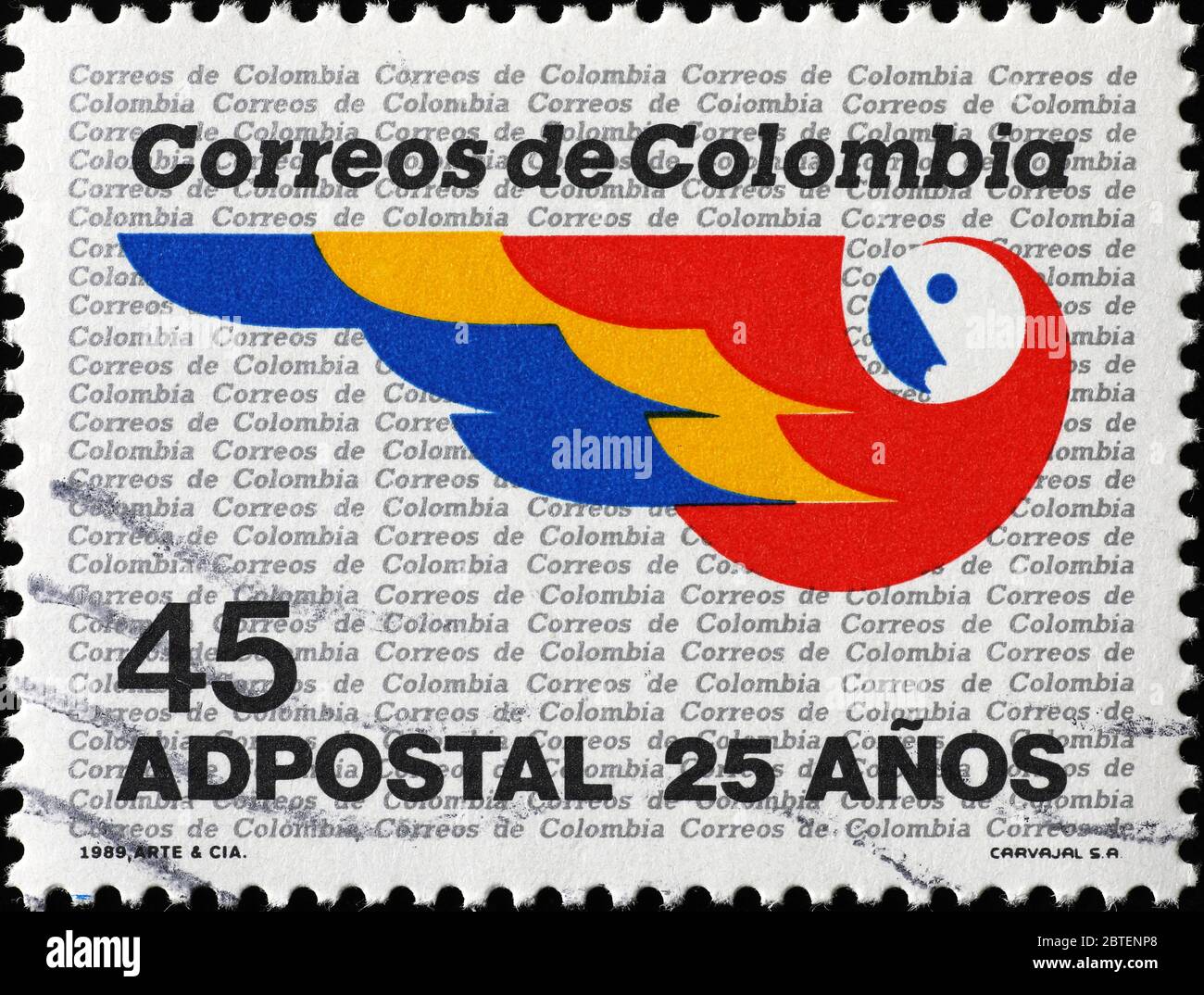 Francobollo colombiano con pappagallo stilizzato Foto Stock
