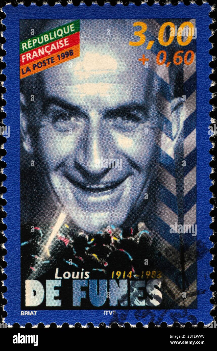 Louis de Funes su francobollo francese Foto Stock
