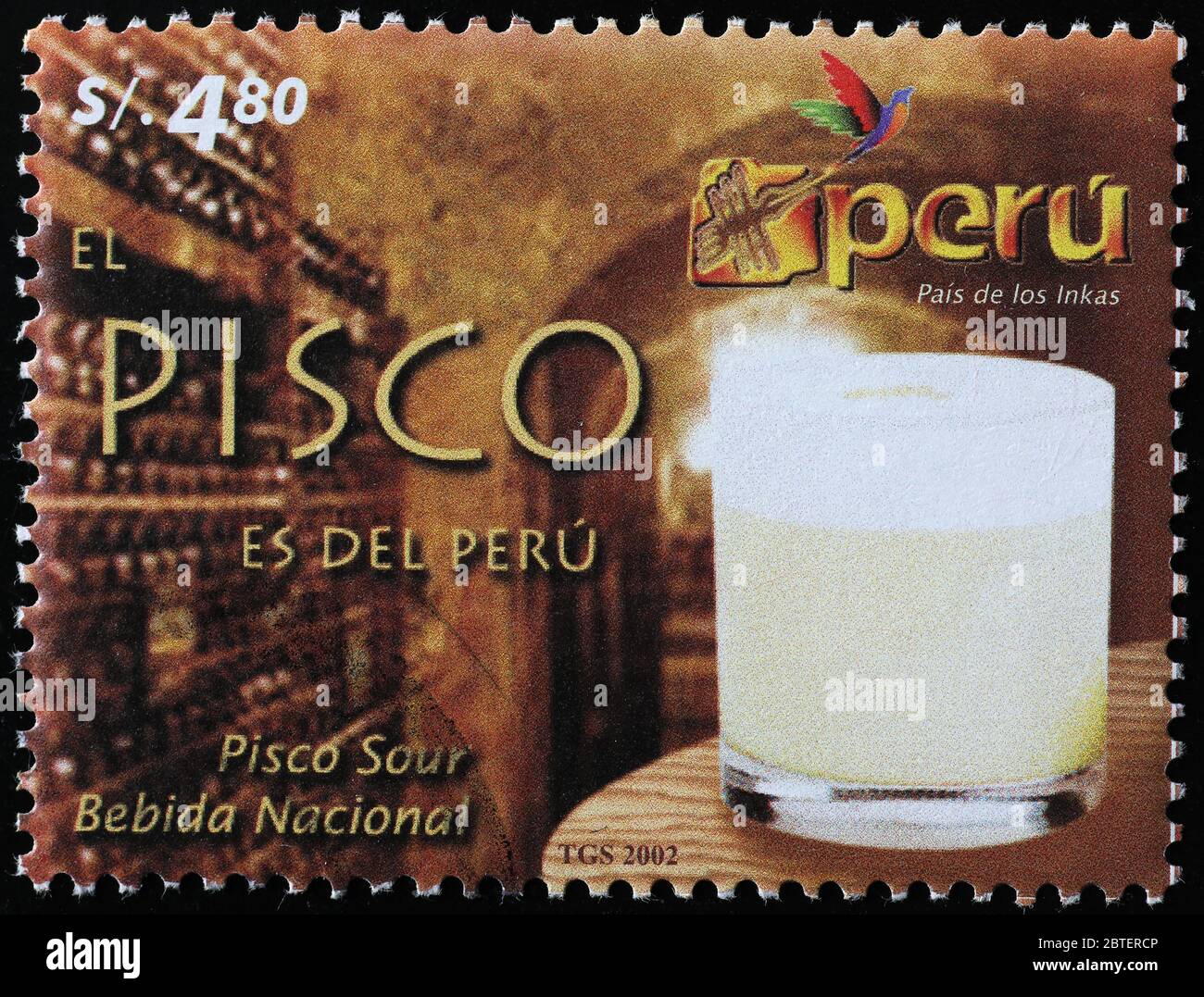 Pisco sour, bevanda nazionale peruviana sul francobollo Foto Stock