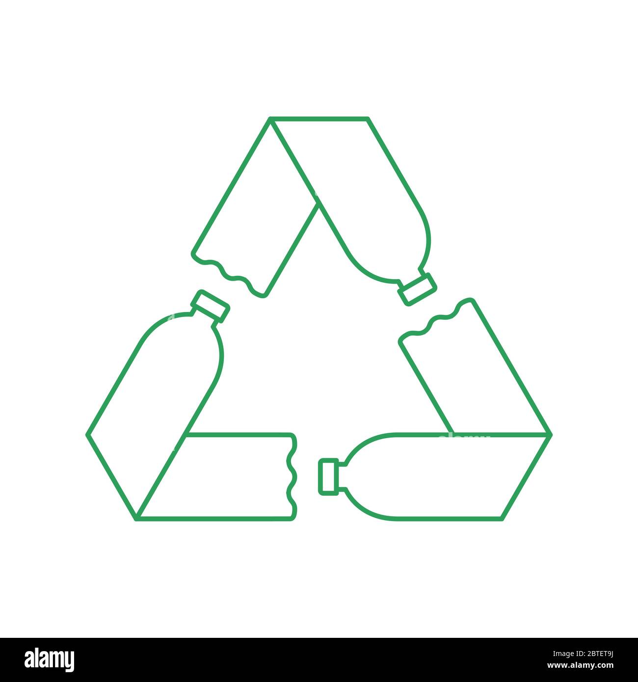 Simbolo di riciclo verde con tre bottiglie di plastica. Concetto di riciclaggio della plastica. Loop Mobius con frecce. Animali domestici riutilizzabili e rispettosi dell'ambiente. Vettore Illustrazione Vettoriale