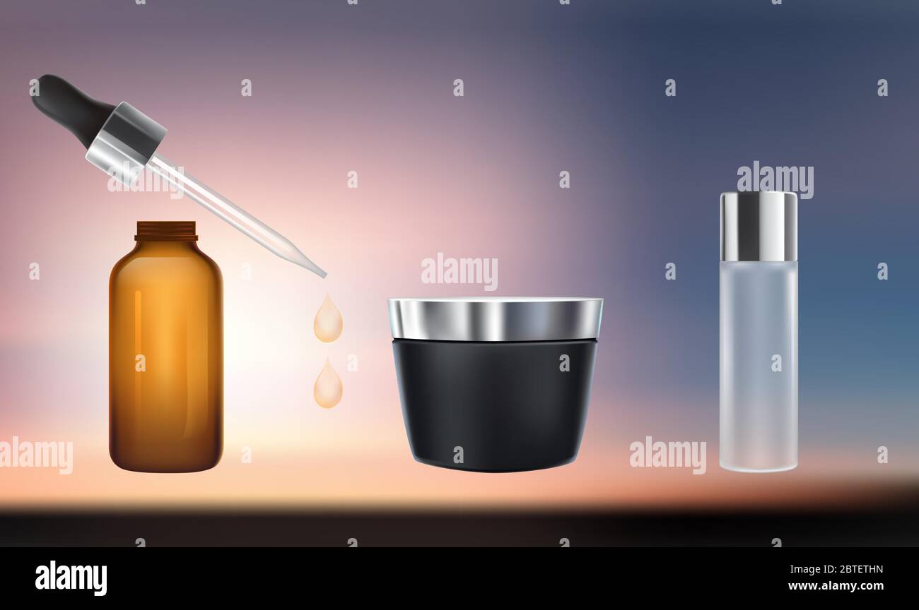 simk up illustrazione di vari olio essenziale su sfondo astratto Illustrazione Vettoriale
