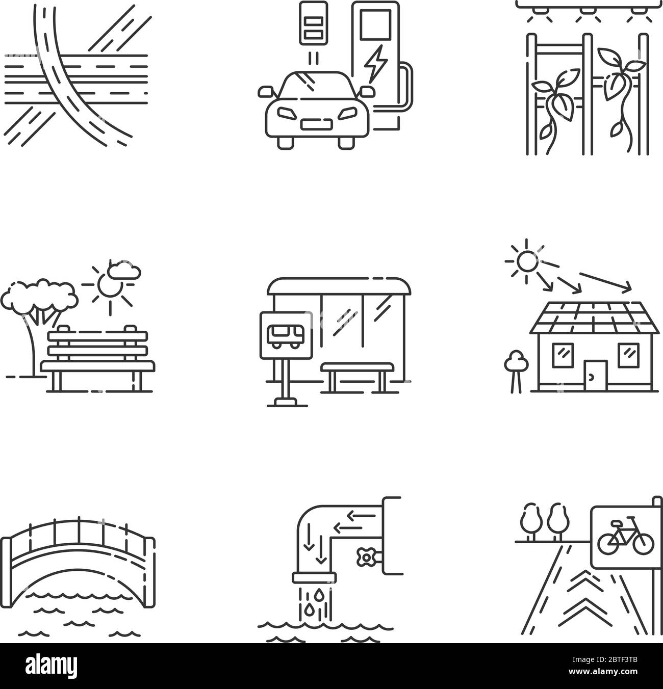 Set di icone lineari perfette per pixel della struttura urbana Illustrazione Vettoriale