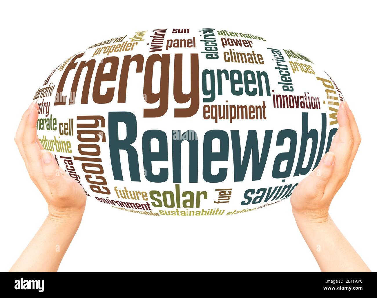 Energia rinnovabile parola sfera mano concetto di cloud su sfondo bianco. Foto Stock