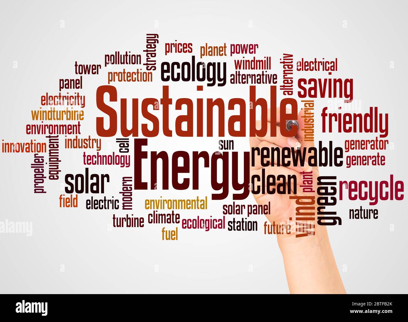 Energia sostenibile parola nuvola e mano con concetto di marcatore su sfondo bianco. Foto Stock