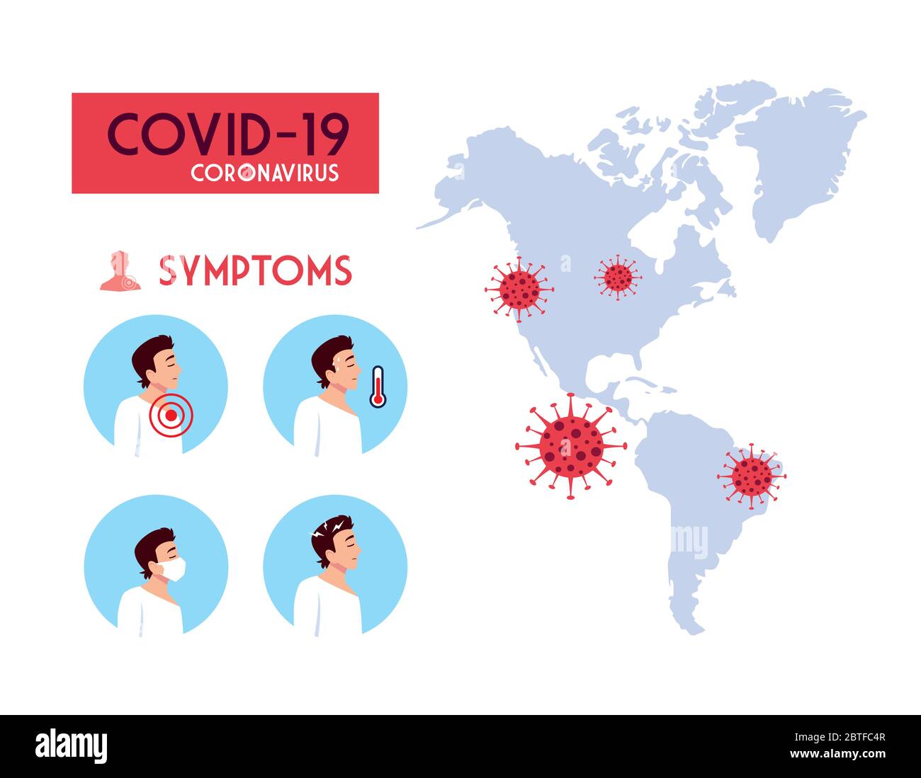 Sintomi degli uomini e disegno della mappa del mondo di Covid 19 tema del virus illustrazione vettoriale Illustrazione Vettoriale