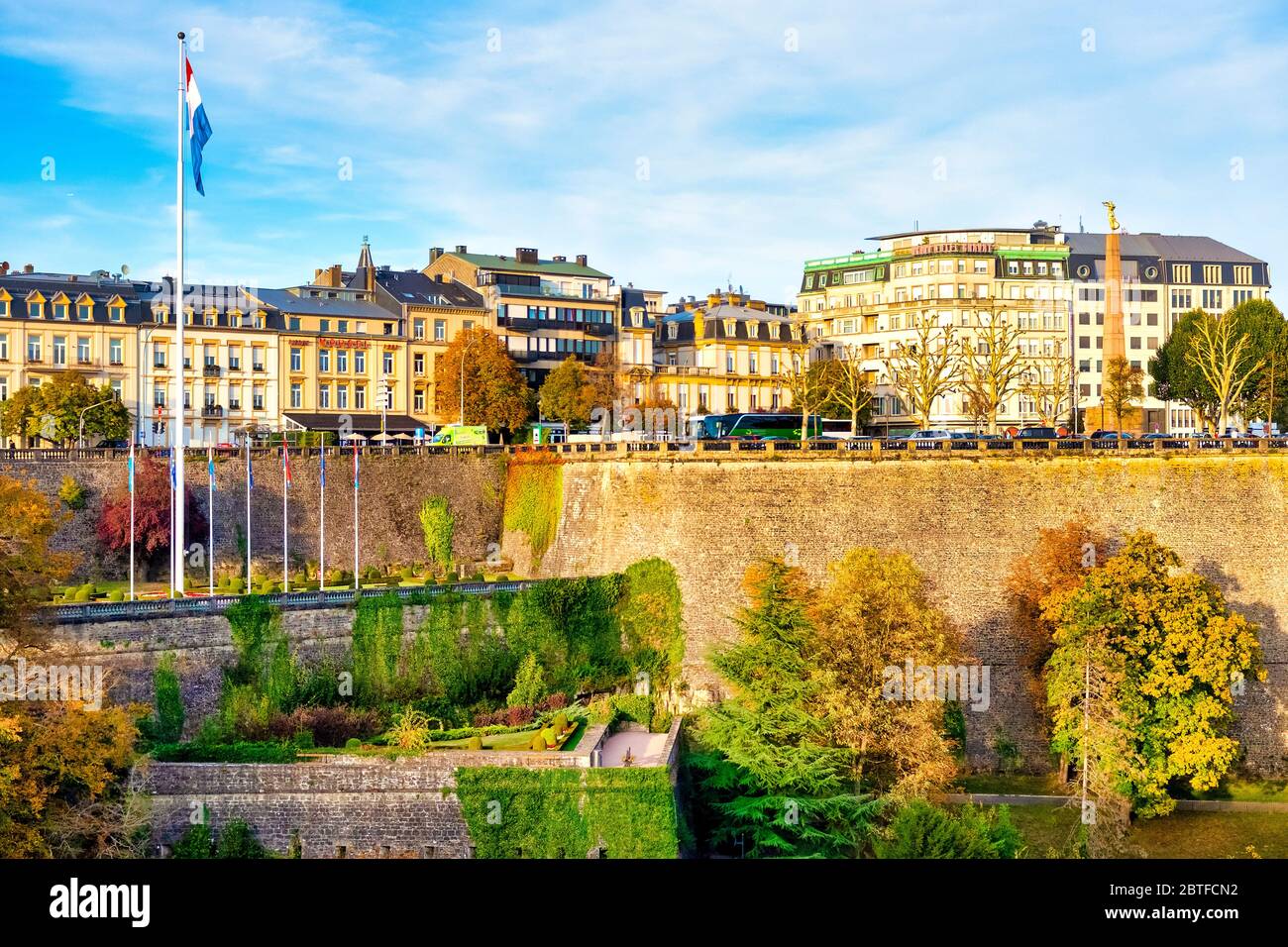 Vista della Ville Haute e Parcs de la Pétrusse, Lussemburgo, Lussemburgo Foto Stock