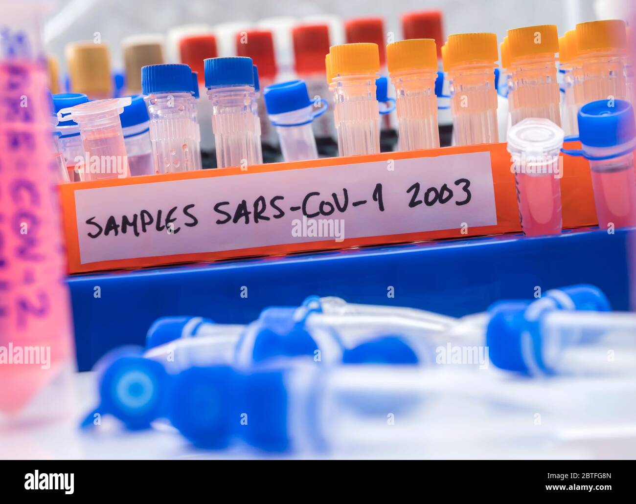Fiale con campioni di SARS-COV-1 in un laboratorio di ricerca, immagine concettuale Foto Stock