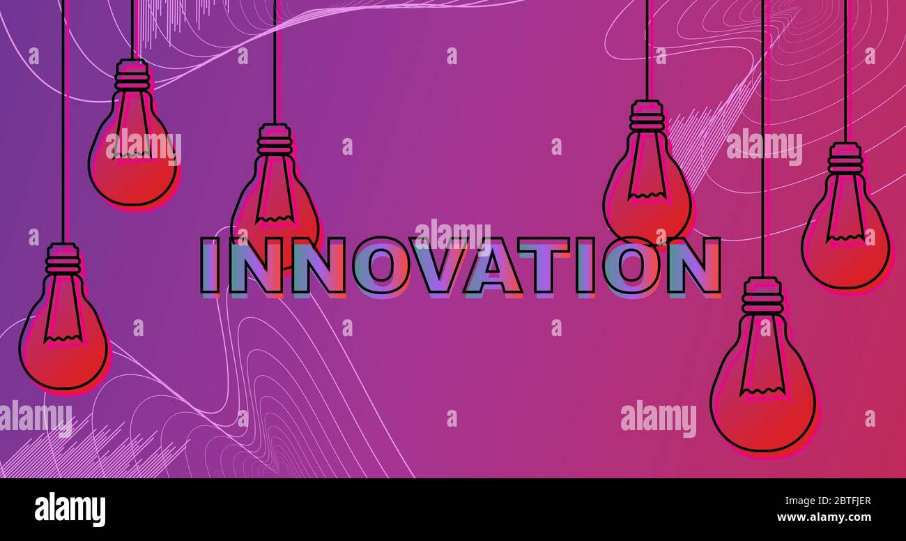 Lampadine a sospensione e innovazione delle parole su sfondo a gradiente viola, illustrazione vettoriale Illustrazione Vettoriale