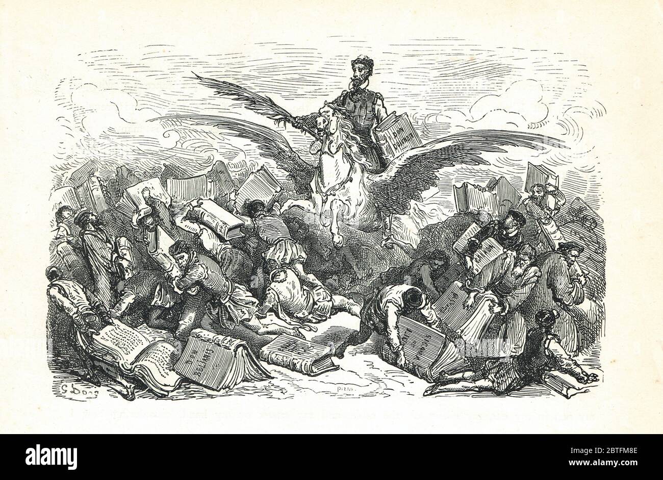 Don Chisciotte a cavallo alato. Illustrazione della prefazione dell'autore al lettore di Gustave Dore Foto Stock
