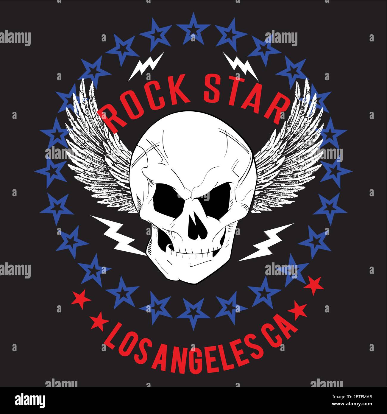 Design vettoriale per t-shirt di un cranio con ali bianche, con un cerchio di stelle rosse e lettere gialle su sfondo nero. Illustrazione Vettoriale
