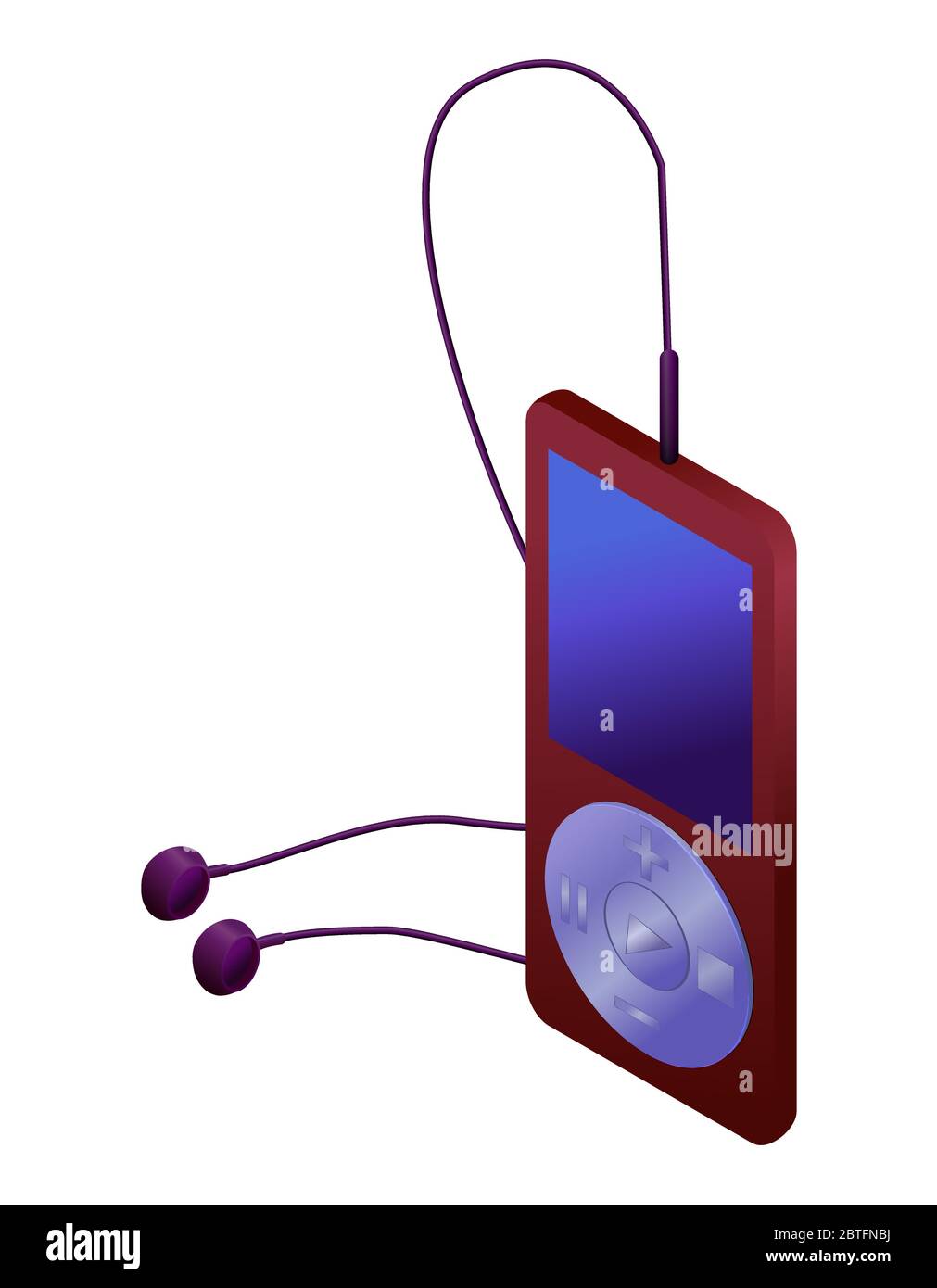 Vector moderno lettore mp3 con auricolari e display isolato su sfondo bianco. Lettore isometrico rosso Illustrazione Vettoriale