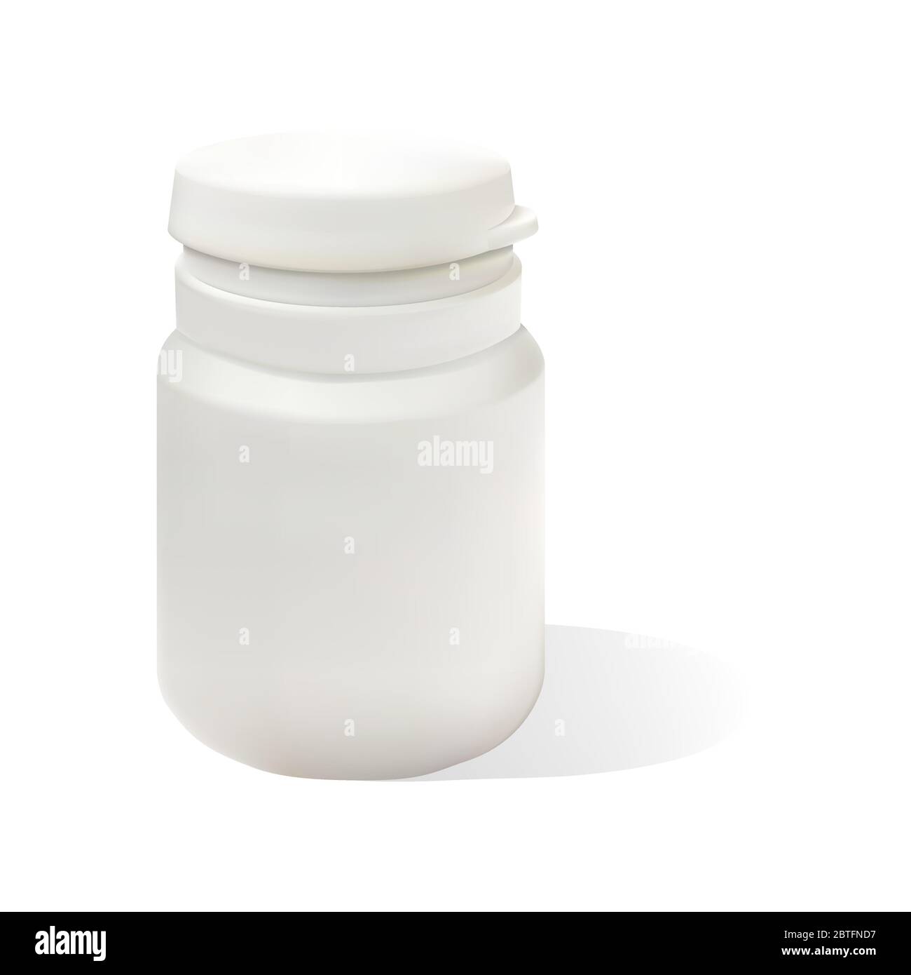 Flacone di plastica bianco realistico per pillole. Modello di simulazione. Illustrazione vettoriale di un piccolo vaso isolato su sfondo bianco. Illustrazione Vettoriale