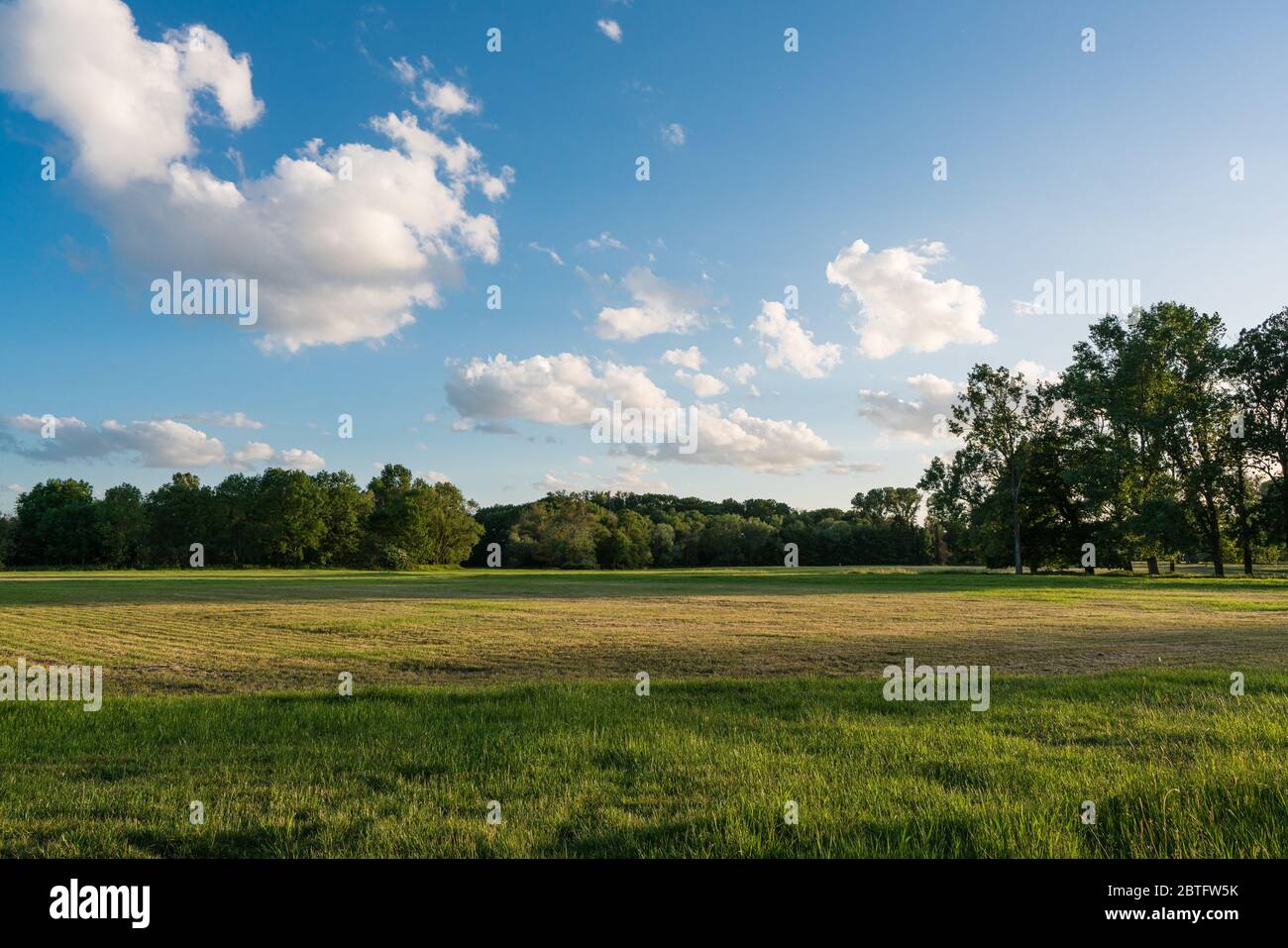 Ampia vista sui pascoli di un fiume floodplain nei colori caldi del sole serale di maggio. Foto Stock