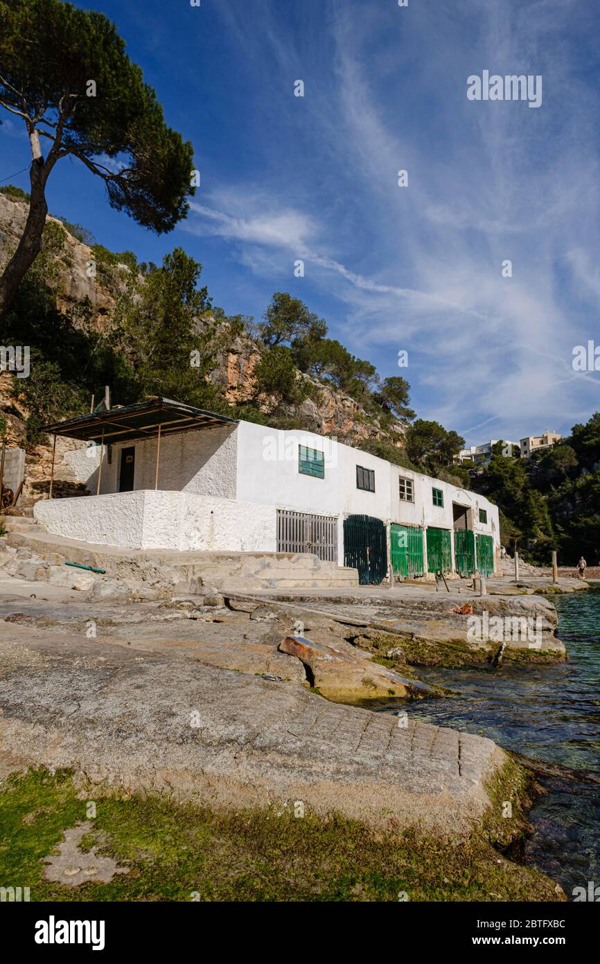 Molo tipico di Mallorcan, Cala pi, Llucmajor, Mallorca, Isole Baleari, Spagna. Foto Stock