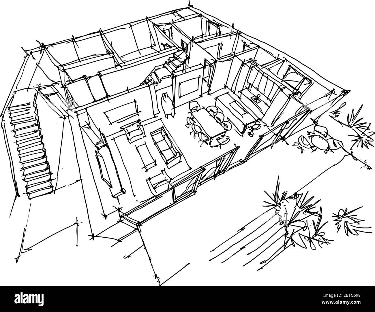 , disegno a mano di schema prospettico in sezione del soggiorno con cucina e terrazza al piano terra di casa indipendente Illustrazione Vettoriale