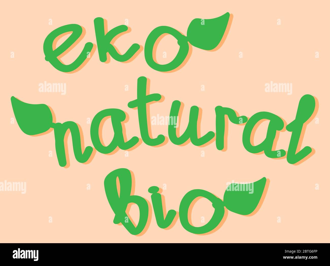 eco bio e scritta naturale scritta a mano in verde con una foglia verde su sfondo arancione chiaro Illustrazione Vettoriale