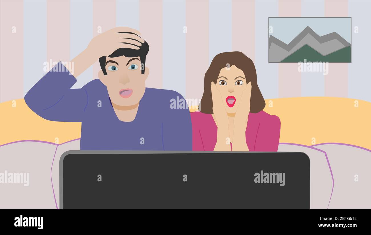 un uomo in un maglione viola e una donna in un maglione rosa scuro sono seduti sul divano e guardando la televisione con terribile sorpresa Illustrazione Vettoriale