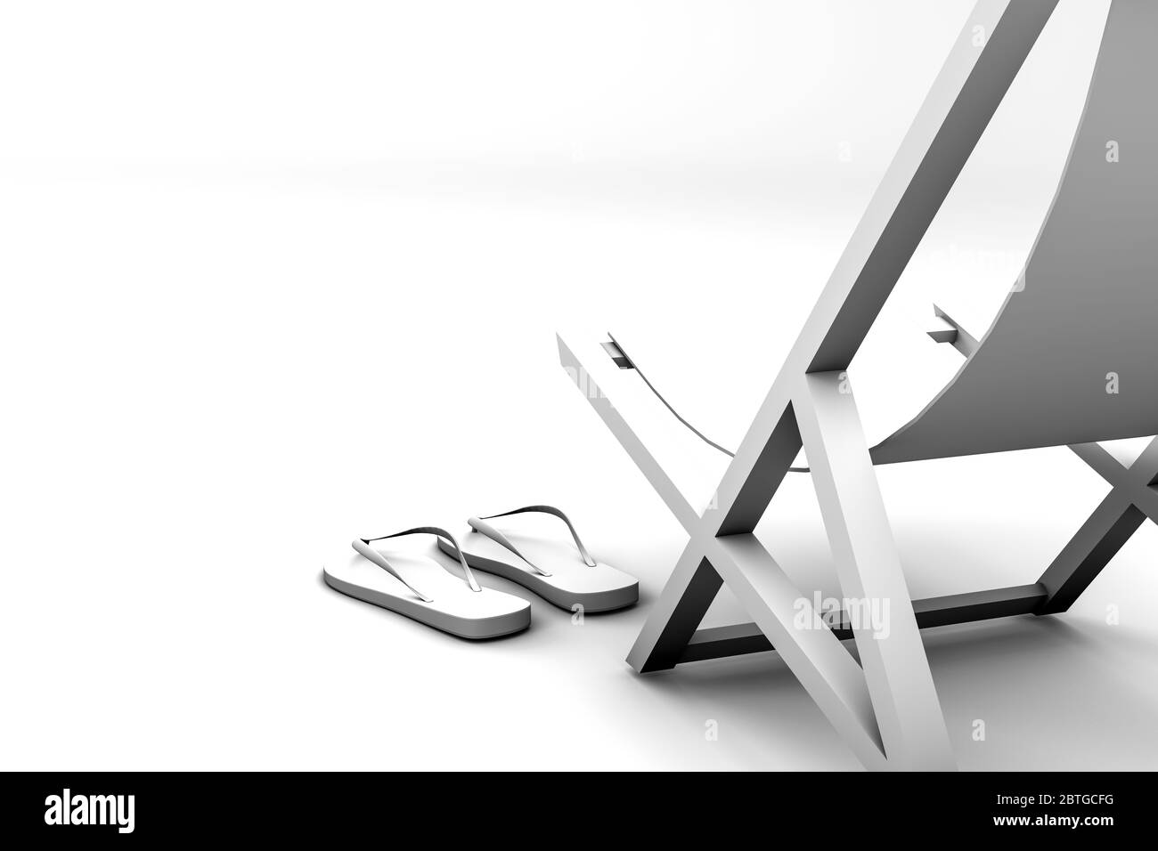 Rendering 3D del concetto estivo. Chaise lounge bianca e ombrellone su sfondo bianco, luce del sole, chiusura di viaggio. Frontiera, restrizioni di viaggio. Foto Stock