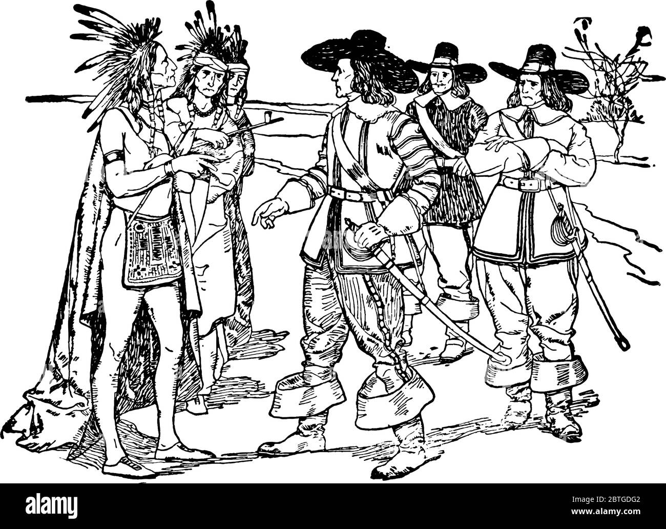 Questa figura raffigura indiani vestiti in abiti locali che parlano con i coloni europei, disegno di linee vintage o illustrazione di incisione. Illustrazione Vettoriale