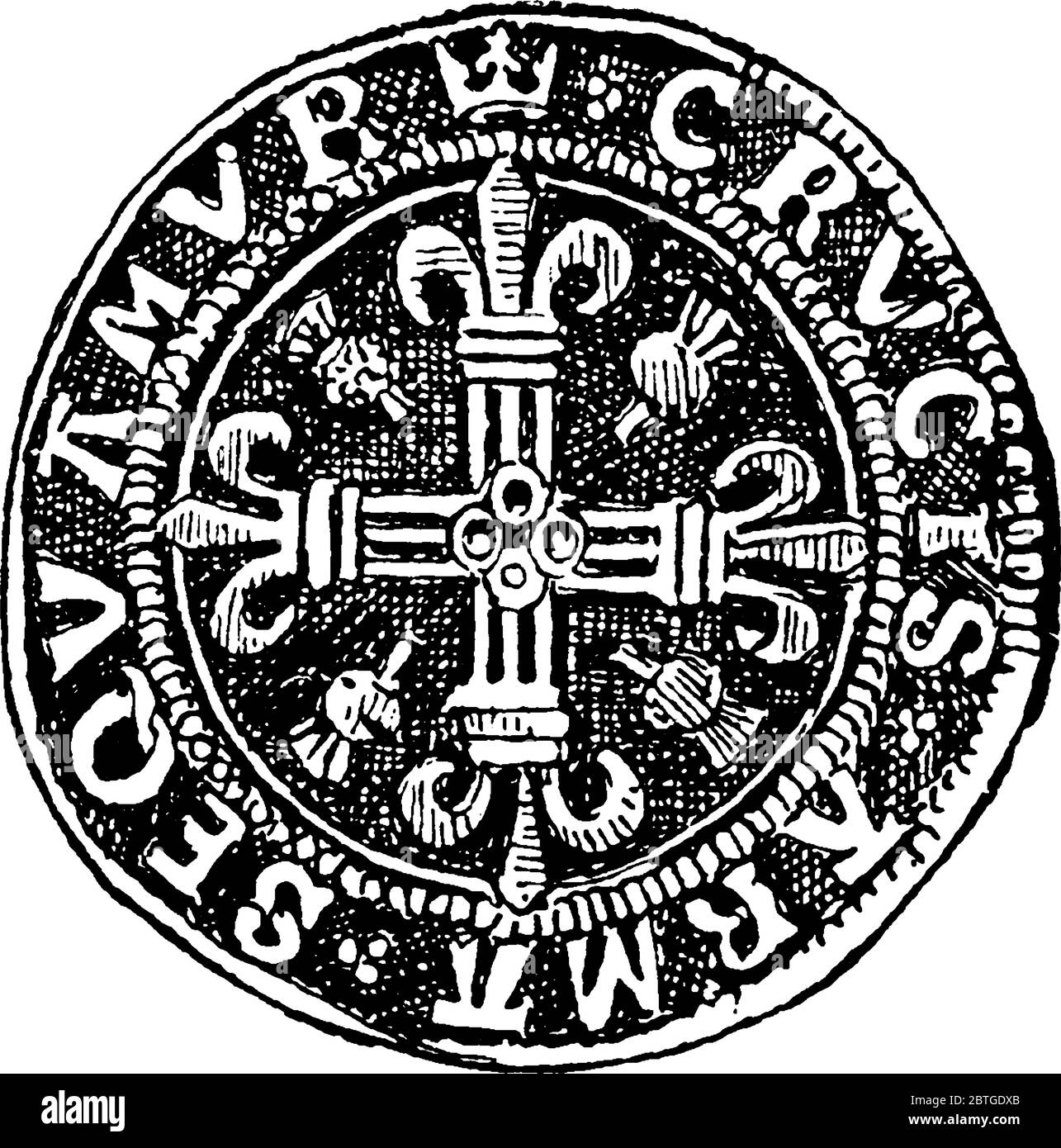 Il lato opposto di un écu di James V di Scozia, una moneta d'oro scozzese chiamato anche una corona, disegno di linea vintage o illustrazione di incisione. Illustrazione Vettoriale