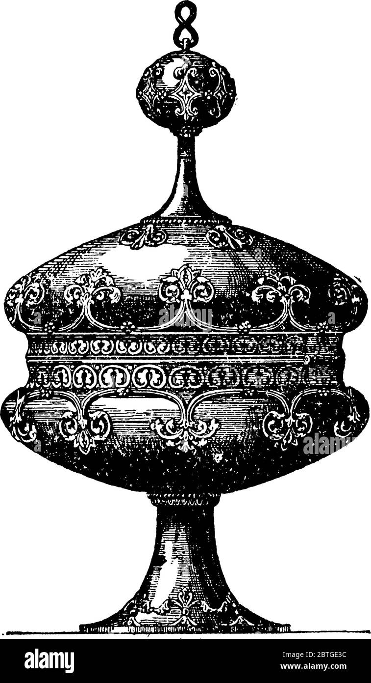 Una nave da bere con una grande tazza coperta, in metallo, nell'Antica Grecia e Roma, progettata per ospitare ospiti , disegni di linee d'epoca o incisione Illustrazione Vettoriale