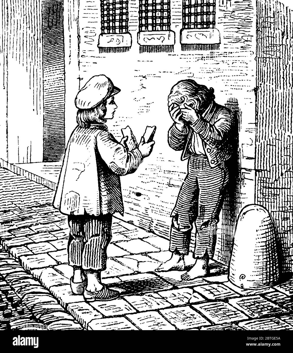 Due ragazzi su di loro uno sta piangendo e l'altro sta condividendo un po' di cibo, disegno di linee vintage o illustrazione di incisione. Illustrazione Vettoriale