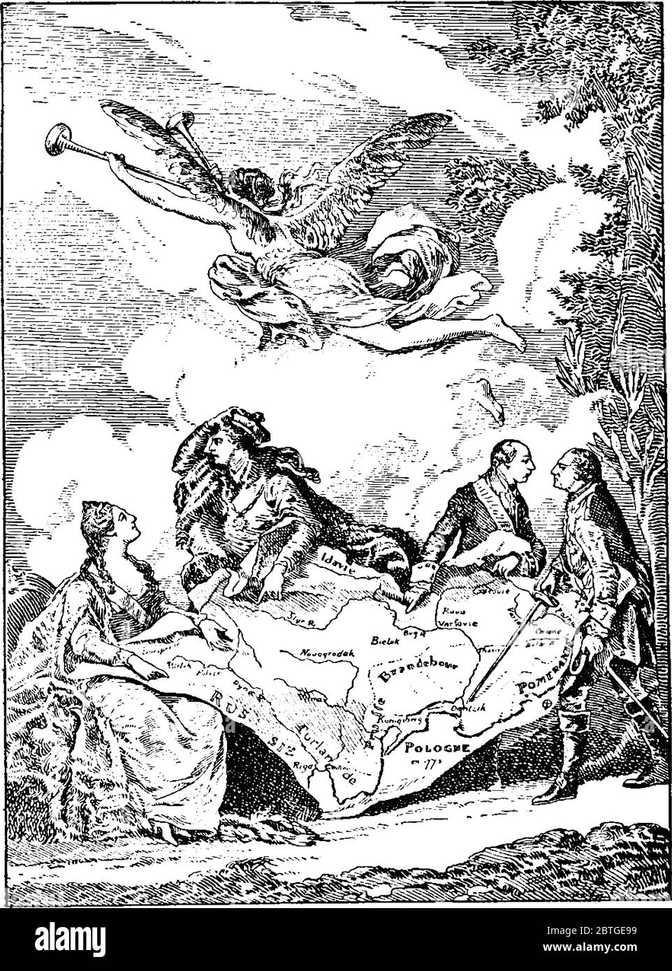 Divisione della Polonia con confini tra Caterina II, Giuseppe II e Federico II, disegno di linee d'epoca o illustrazione dell'incisione. Illustrazione Vettoriale