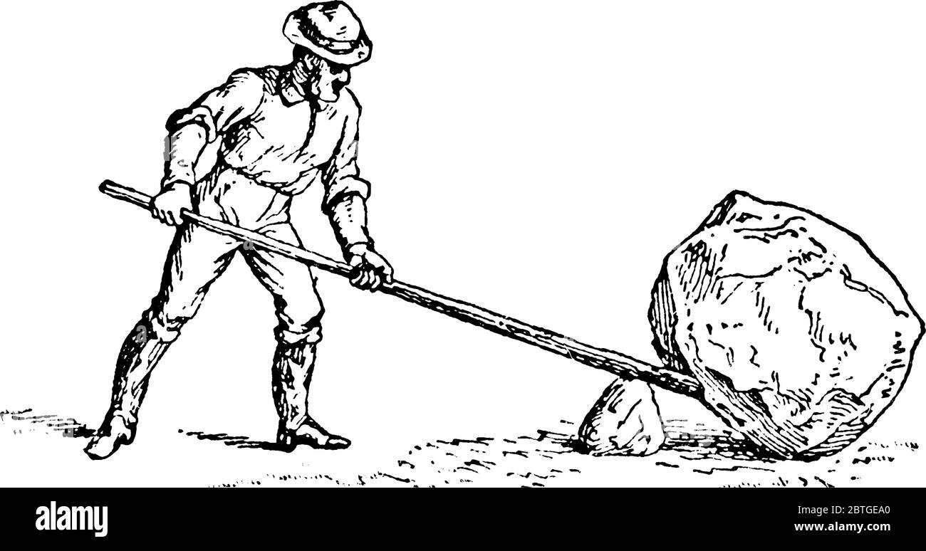 Uomo che tiene leva cercando di sollevare roccia pesante per mezzo di fulcro, fulcro è un punto di articolazione intorno al quale una leva gira, disegno di linea vintage o incisione Illustrazione Vettoriale