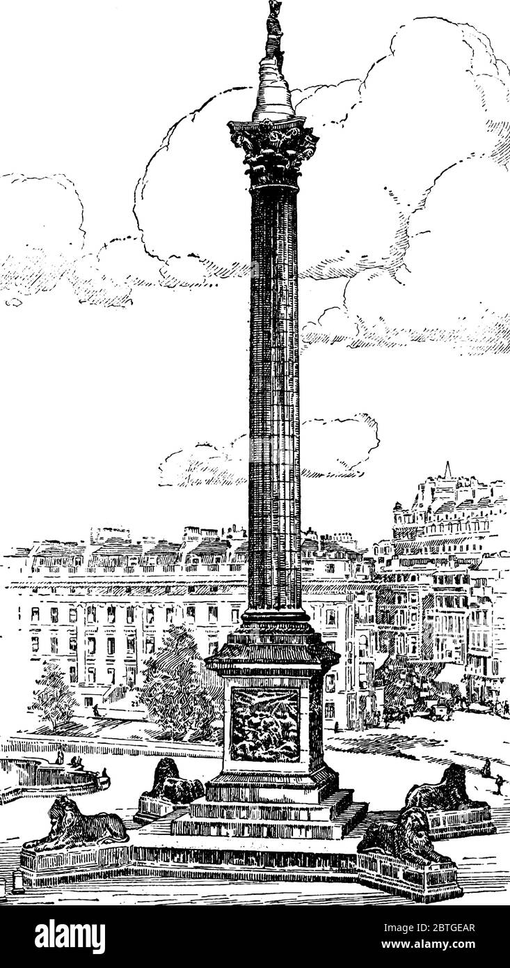 Colonna di granito Corinzi alta 145 piedi sormontata dalla statua di nelson che è 16 piedi di altezza, disegno di linea vintage o illustrazione di incisione. Illustrazione Vettoriale