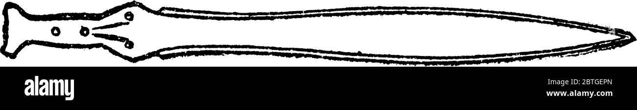 Una rappresentazione tipica della spada di bronzo, arma come un coltello corto che ha una lama appuntita e orlata a forma di foglia, disegno di linea vintage Illustrazione Vettoriale