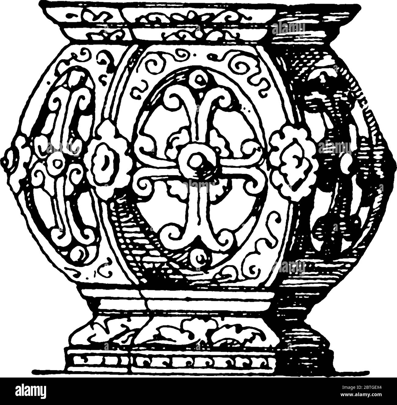 Sgabello in argilla bruciata e smaltata, introdotto dalla Cina, disegno di linea vintage o illustrazione di incisione. Illustrazione Vettoriale