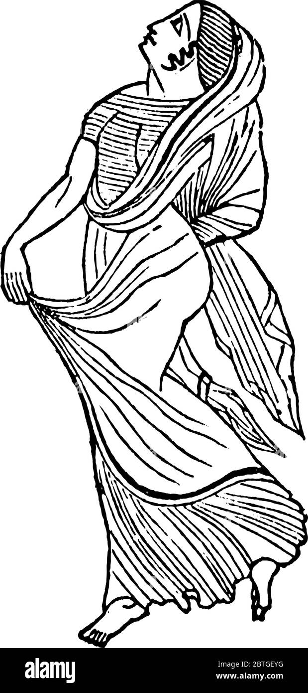 Una tipica rappresentazione di una donna greca con uno dei suoi talloni lievemente sollevato sopra il suolo, guardando verso l'alto e tenendo con sé il suo costume Illustrazione Vettoriale